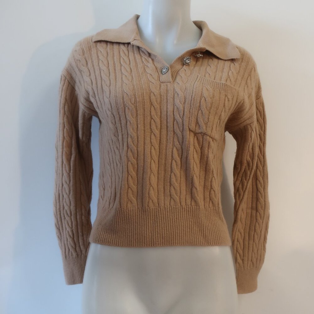 Womens Sandro Wool Cashmere Tan Cableknit Collared Rhinestone Sweater 0